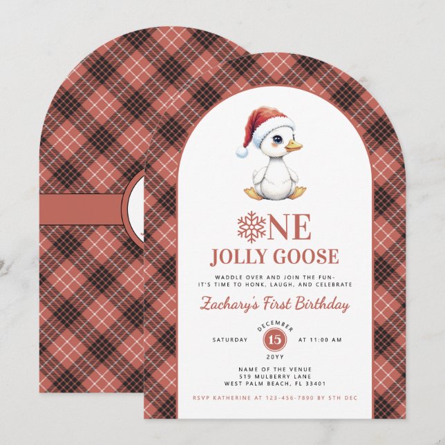 Convite One Jolly Goose Modern Christmas First Birthday (Frente/Verso)