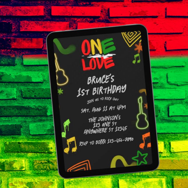 Convite One Love Music Black Red Gold Green 1st Birthday (Criador carregado)
