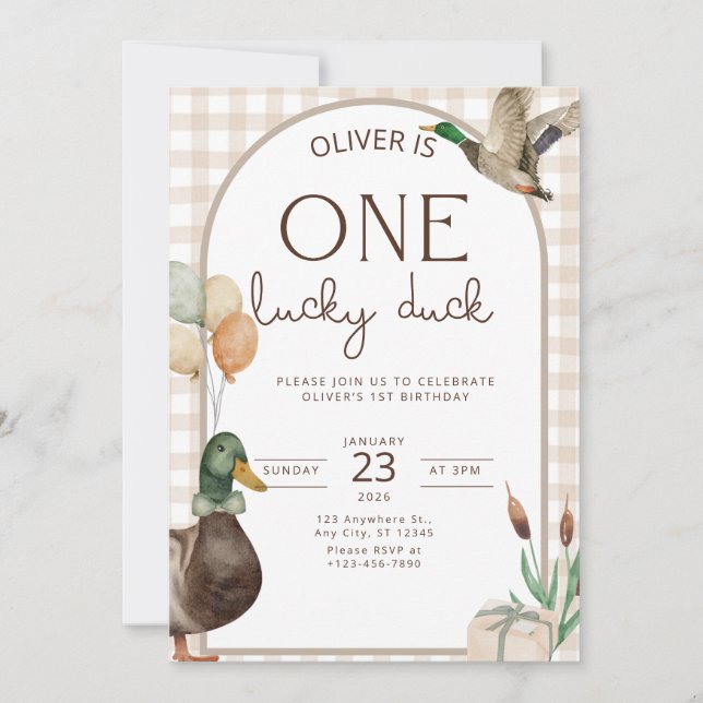 Convite One Lucky Duck Birthday Invitation Boys First (Frente)