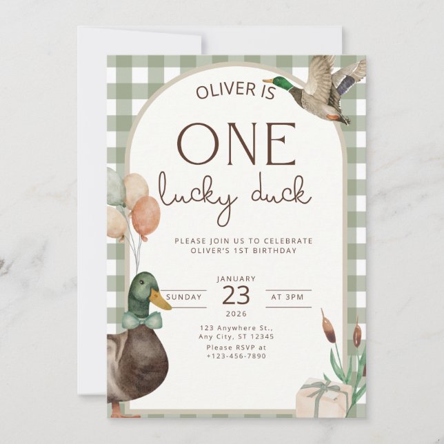 Convite One Lucky Duck Birthday Invitation Boys First (Frente)