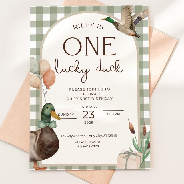 Convite One Lucky Duck Birthday Invitation Boys First Birt (Criador carregado)