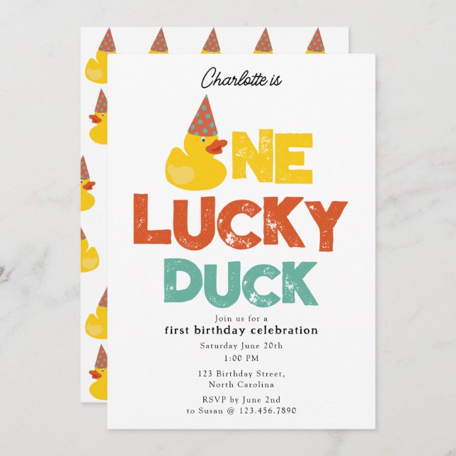 Convite One Lucky Duck Invite 1st  First Birthday Cute (Frente/Verso)
