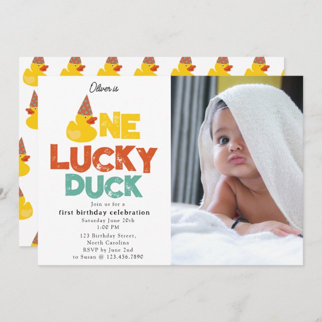 Convite One Lucky Duck Invite 1st  First Birthday Photo (Frente/Verso)