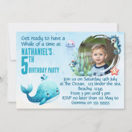 Convite One Photo Whale 5th Birthday Party Invitation