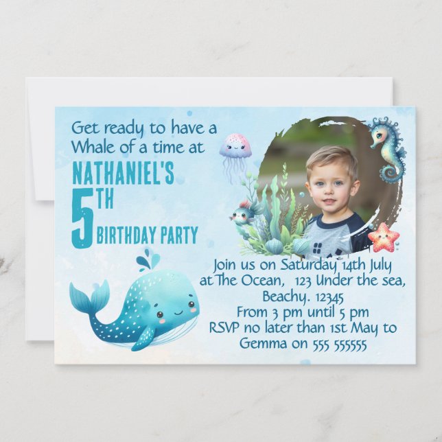Convite One Photo Whale 5th Birthday  Party Invitation (Frente)