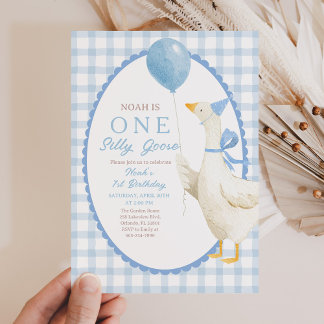 Convite One Silly Goose 1st Birthday: Blue Gingham 