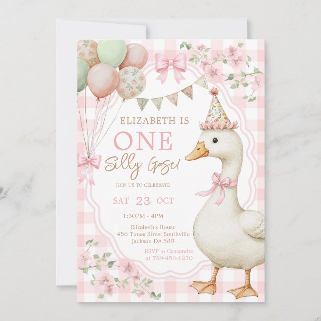 Convite One Silly Goose 1st Birthday Invitation (Frente)