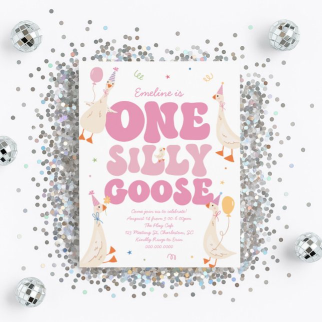 Convite One Silly Goose 1st Birthday Invitation Girl Pink  (Criador carregado)
