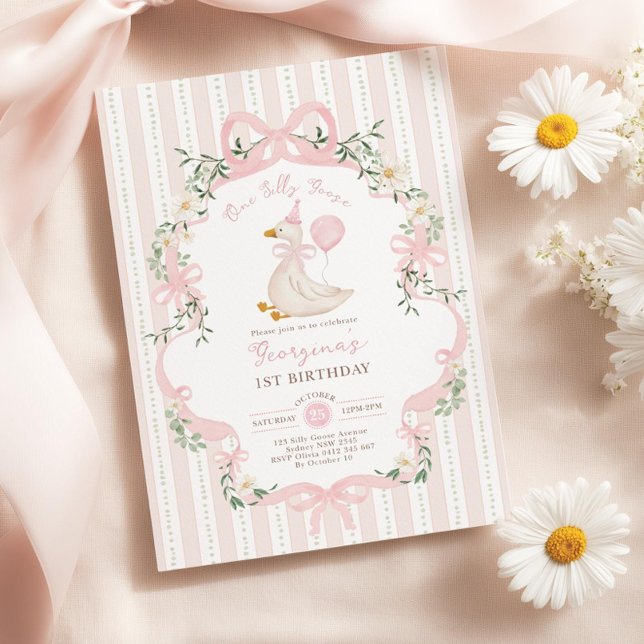 Convite One Silly Goose 1st Birthday Invitation, Pink Bow  (Criador carregado)