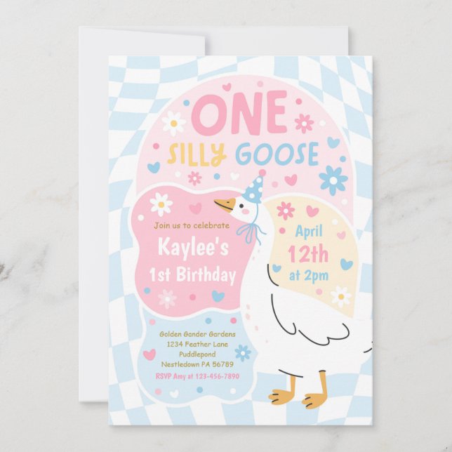 Convite One Silly Goose 1st Birthday Party Spring Birthday (Frente)