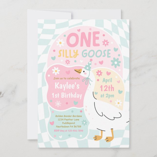 Convite One Silly Goose 1st Birthday Party Spring Birthday (Frente)