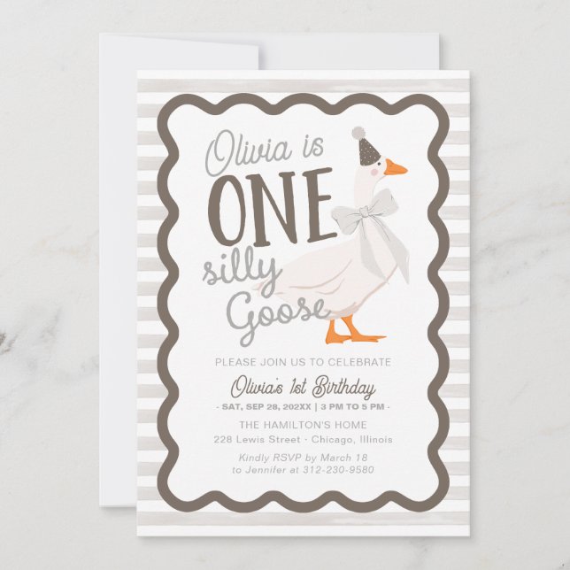 Convite One Silly Goose Beige Bow 1st Birthday (Frente)