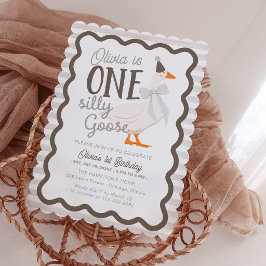 Convite One Silly Goose Beige Bow 1st Birthday