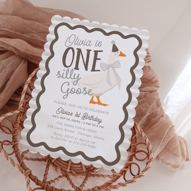 Convite One Silly Goose Beige Bow 1st Birthday (Criador carregado)