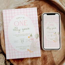 Convite One Silly Goose Birthday Invite Pink Gingham
