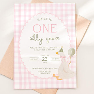 Convite One Silly Goose Birthday Invite Pink Gingham First