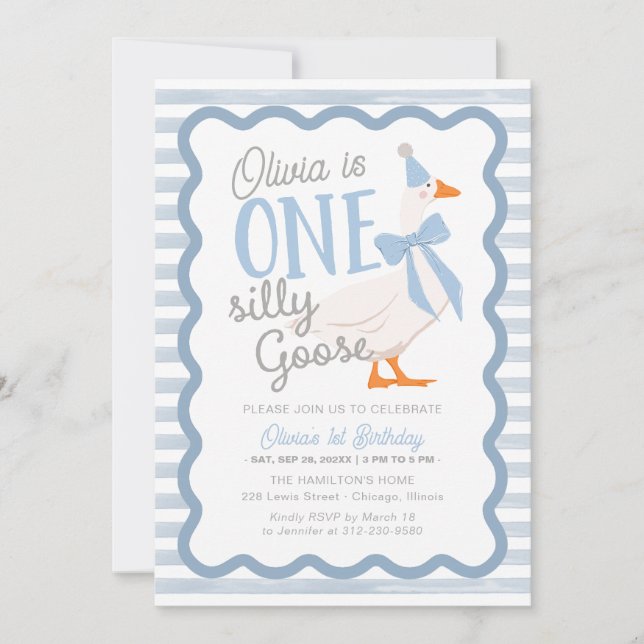 Convite One Silly Goose Blue Bow 1st Birthday (Frente)