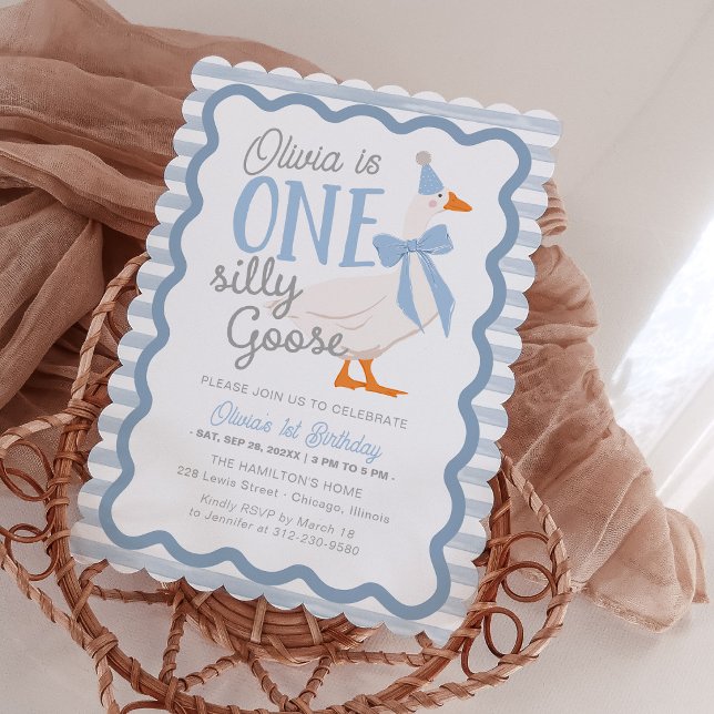 Convite One Silly Goose Blue Bow 1st Birthday (Criador carregado)