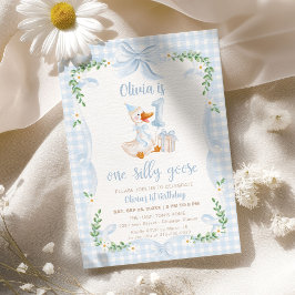 Convite One Silly Goose Blue Bow Floral 1st Birthday