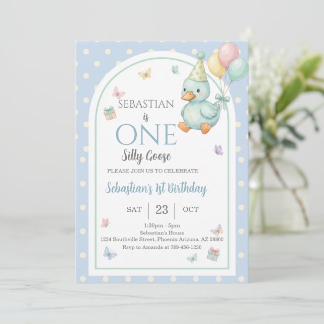 Convite One Silly Goose Blue Boy 1st Birthday (Em pé/Frente)