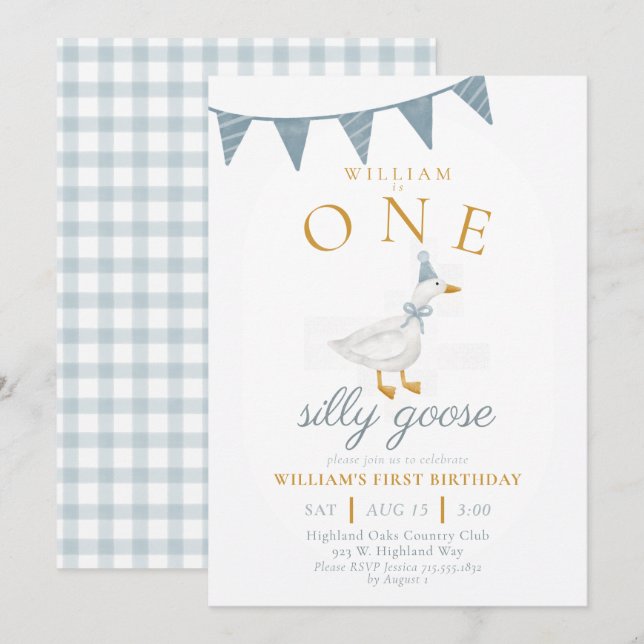 Convite ONE Silly Goose Blue Gingham Boy First Birthday  (Frente/Verso)