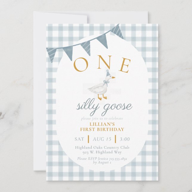 Convite ONE Silly Goose Blue Gingham Daisy First Birthday (Frente)