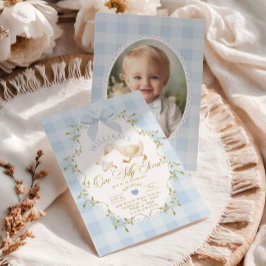 Convite One Silly Goose Blue Gingham Photo 1st Birthday