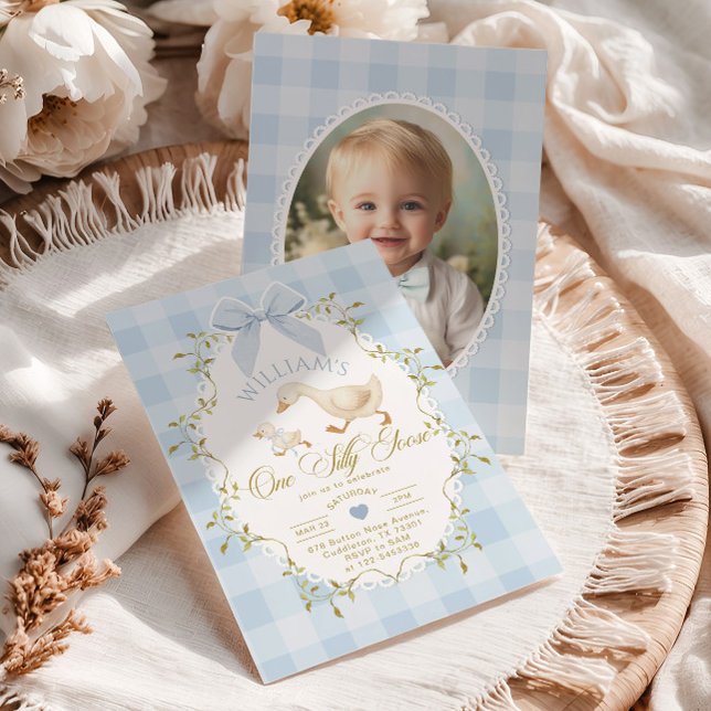 Convite One Silly Goose Blue Gingham Photo 1st Birthday (Criador carregado)