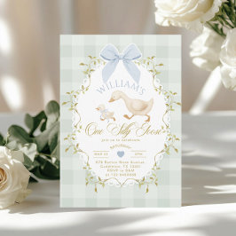 Convite One Silly Goose Boy Gingham 1st Birthday