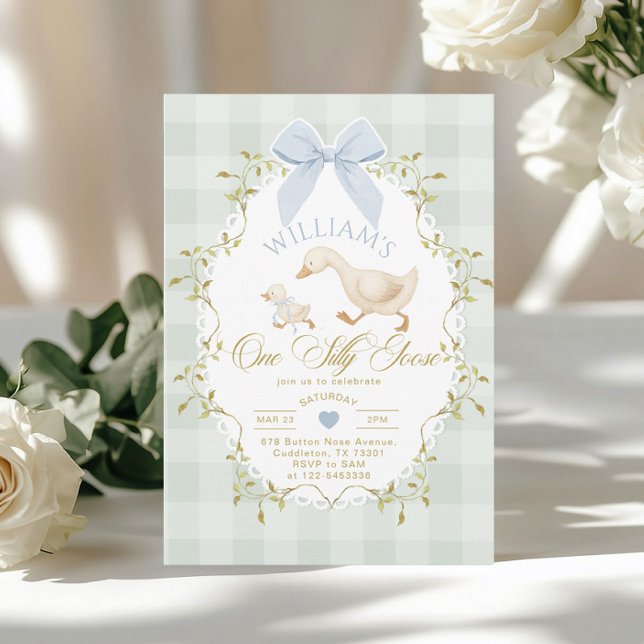 Convite One Silly Goose Boy Gingham 1st Birthday (Criador carregado)