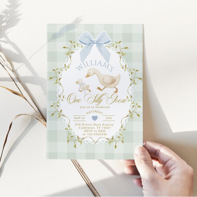 Convite One Silly Goose Boy Gingham 1st Birthday (Criador carregado)