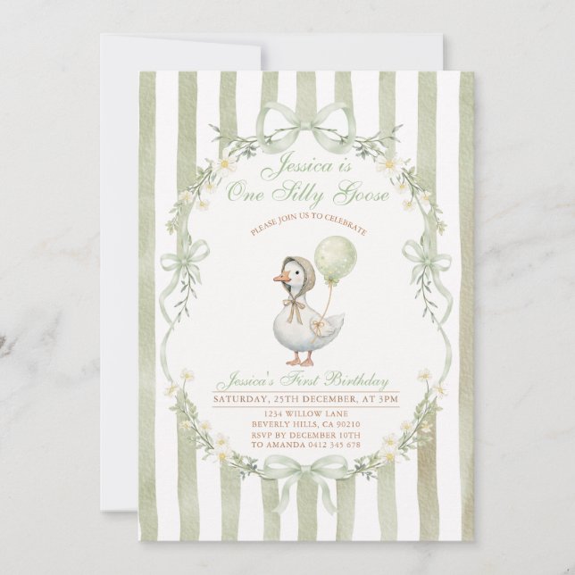 Convite One Silly Goose First Birthday Green Invitation (Frente)