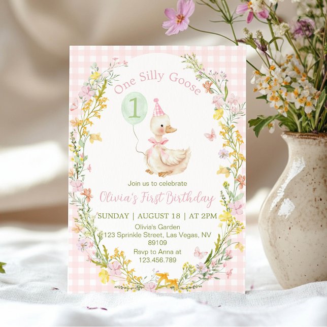 Convite One Silly Goose Floral Pink Girl Birthday (Criador carregado)