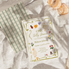 Convite One Silly Goose Gingham Cottagecore First Birthday