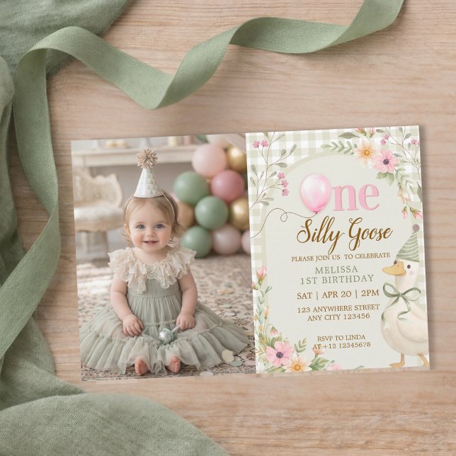 Convite One Silly Goose Gingham Floral Girl 1st Birthday  (Criador carregado)