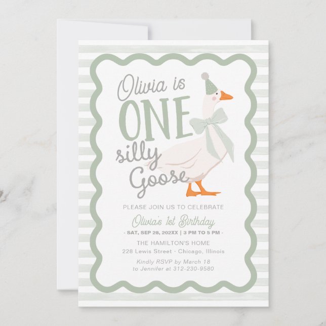 Convite One Silly Goose Green Bow 1st Birthday (Frente)