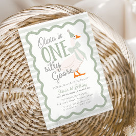 Convite One Silly Goose Green Bow 1st Birthday