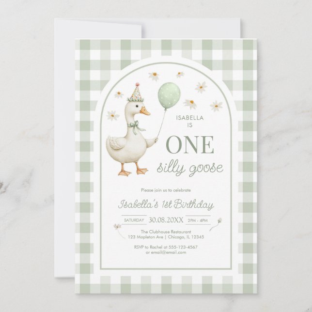Convite One Silly Goose Green Girl 1st Birthday Invitation (Frente)