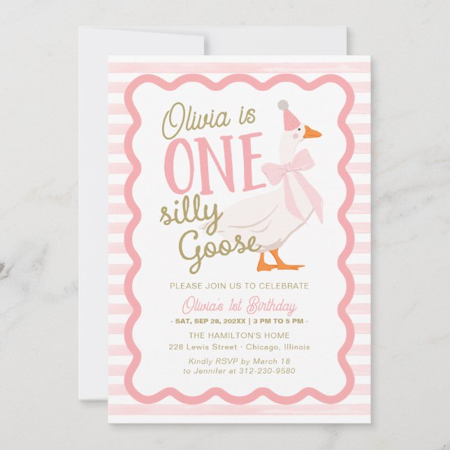 Convite One Silly Goose Pink Bow 1st Birthday (Frente)