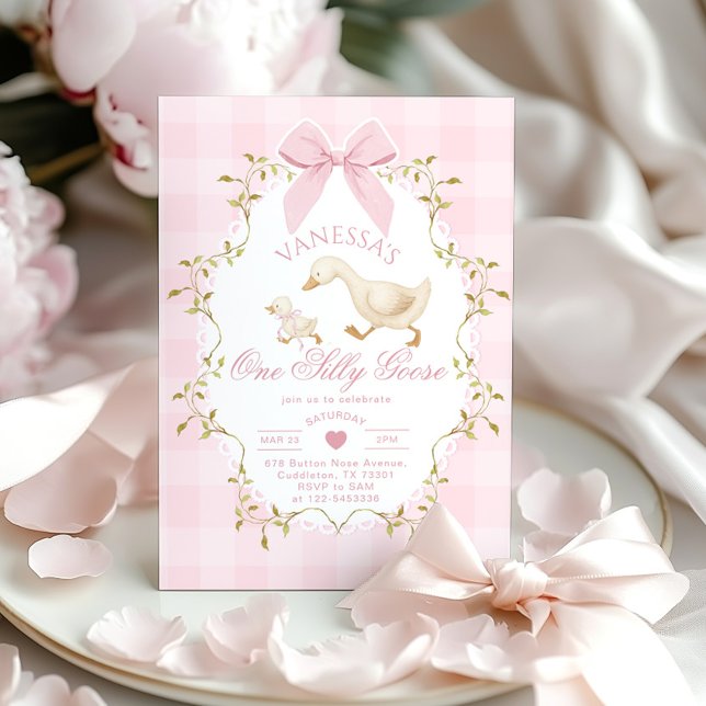 Convite One Silly Goose Pink Bow Girl 1st Birthday (Criador carregado)
