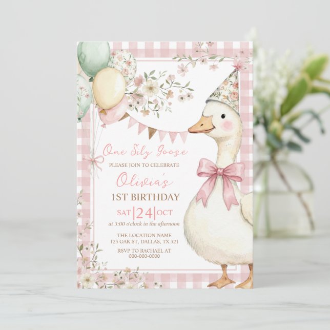 Convite One Silly Goose Pink Bow Girl 1st Birthday (Em pé/Frente)