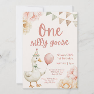 Convite One Silly Goose Pink Floral 1st Birthday 
