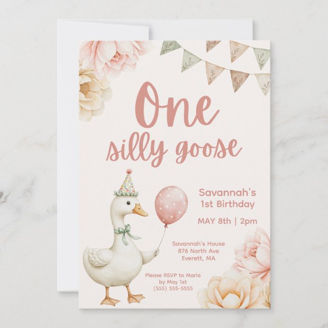 Convite One Silly Goose Pink Floral 1st Birthday  (Frente)