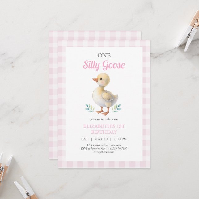 Convite One Silly Goose Pink Gingham Girl First Birthday (Frente/Verso In Situ)