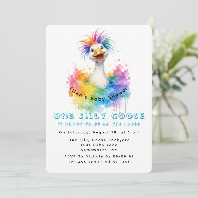 Convite One Silly Goose Rainbow Baby Shower Cute (Em pé/Frente)