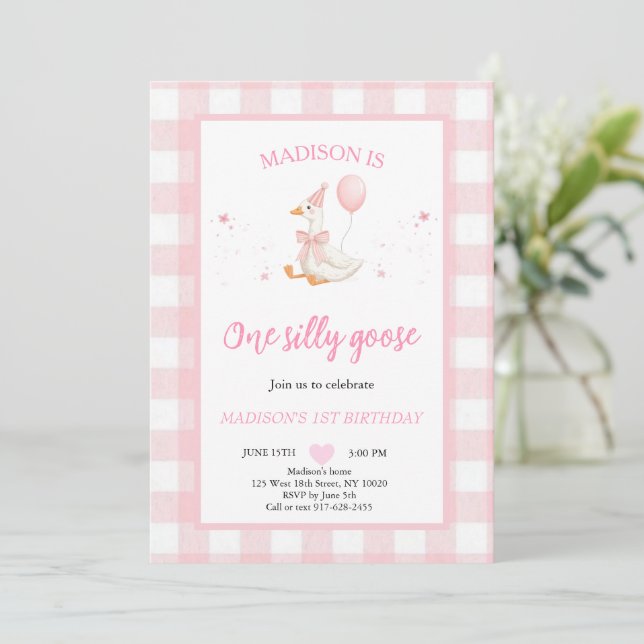 Convite One Silly Goose Spring Pink Daisy First Birthday  (Em pé/Frente)