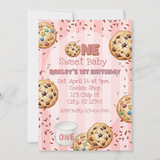 Convite One Sweet Baby, Pink Cookie 1st birthday