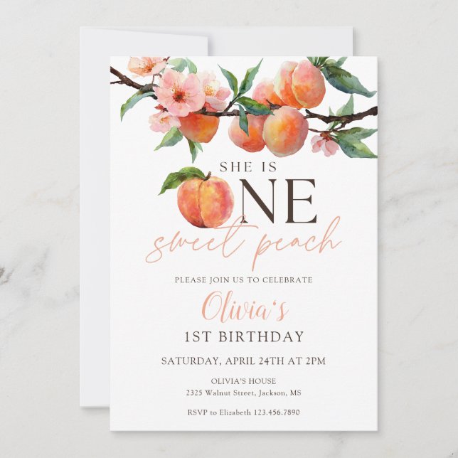 Convite One Sweet Peach 1st Birthday  (Frente)
