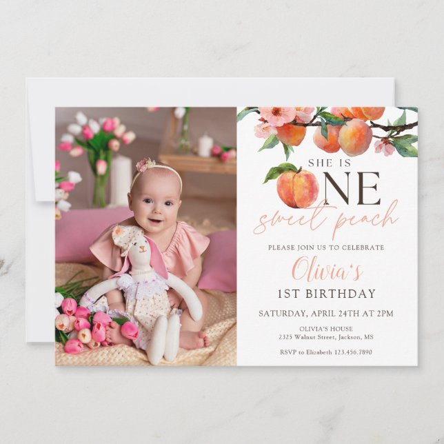 Convite One Sweet Peach 1st Birthday Photo (Frente)