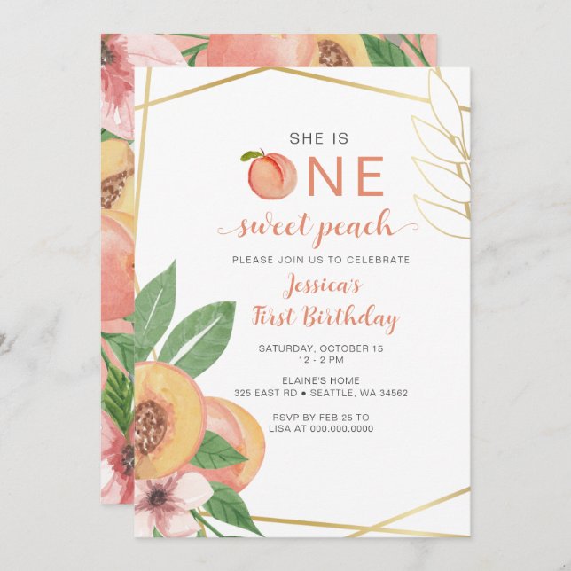 Convite One Sweet Peach First Birthday photo (Frente/Verso)